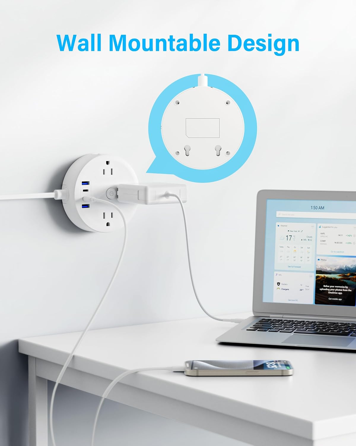 PD20W 2 Prong Power Strip, Yozisital 2 Prong to 3 Prong Outlet Adapter | 180° Rotating Plug, 10FT, 6 Outlets 4 USB (2 USB-C), Ideal for Older House