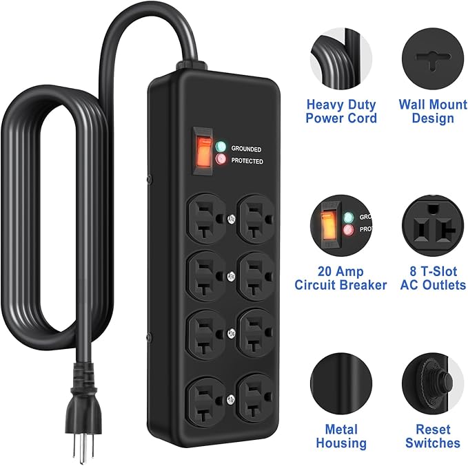 Heavy Duty Surge Protector 20Amp, Metal Power Strip - Image 2