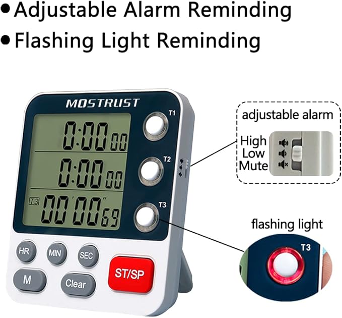 MOSTRUST Digital Dual Kitchen Timer, 3 Channels Countdown Triple Timer - Image 8