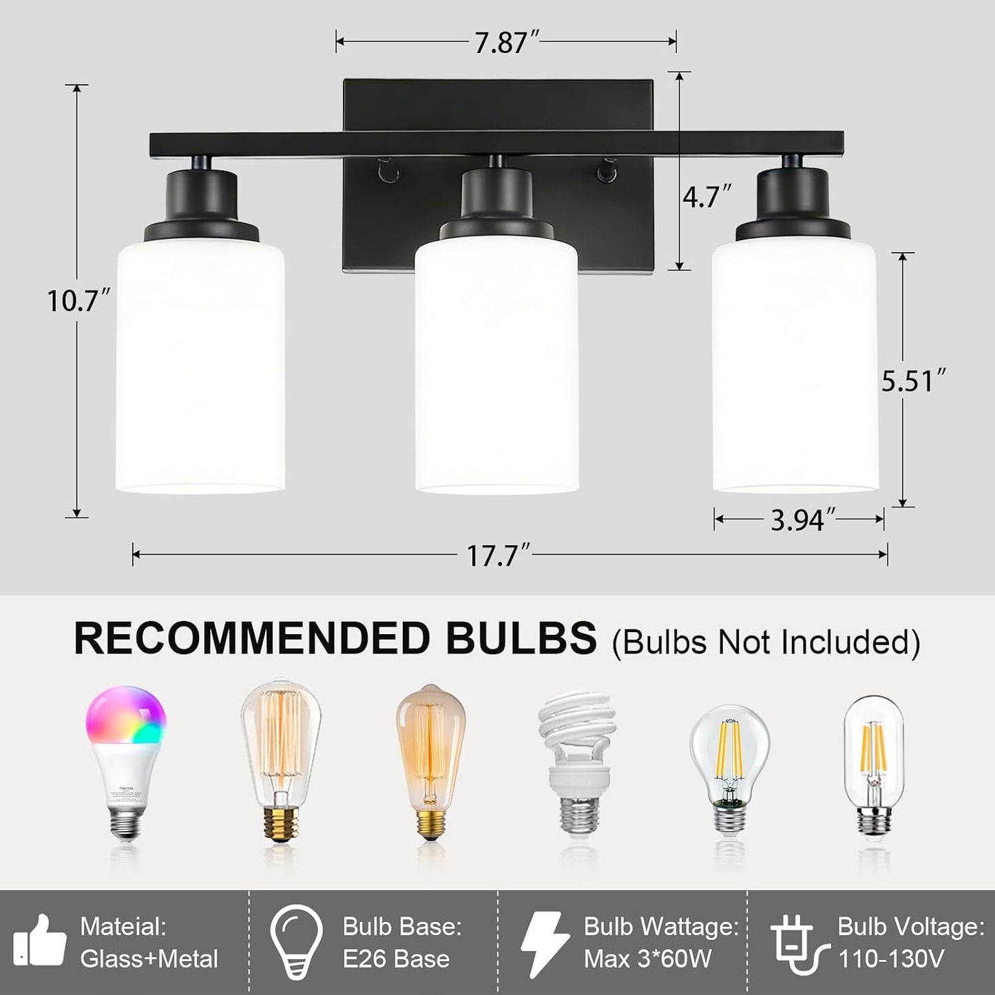 3-Light Black Bathroom Light Fixture Over Mirror,Modern Farmhouse Vanity Light,Wall Sconces with Milky White Glass Shade for Bathroom,Bedroom, Living Room,Staircase,Hallway E26