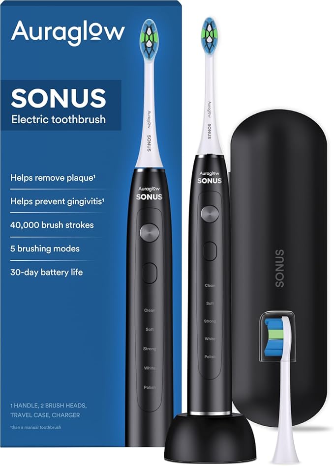 AURAGLOW Sonus Electric Toothbrush, 5 Cleaning Modes, 2 Brush Heads & Travel by Auraglow