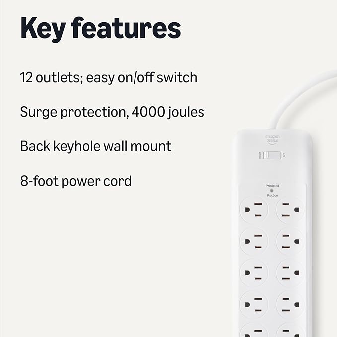 Amazon Basics Surge Protector Power Strip, 4000 Joules, 8ft Extension Cord - Image 2