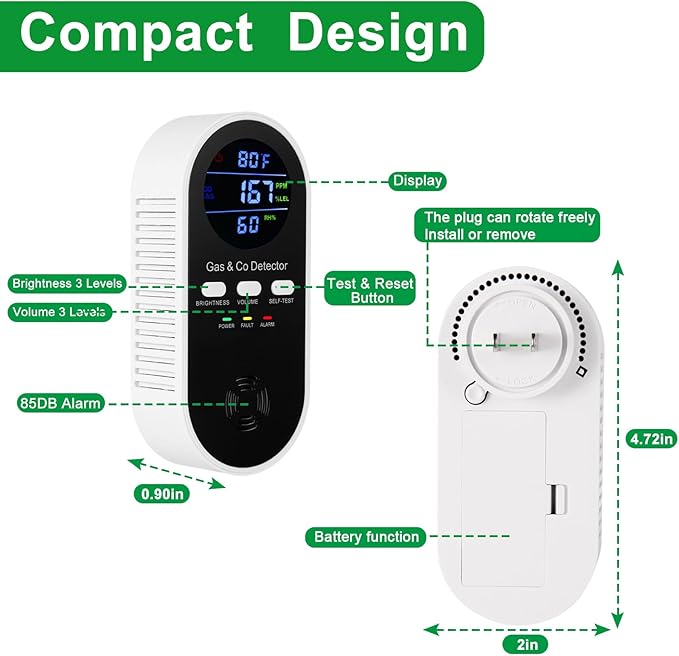 5-in-1 Carbon Monoxide Alarm & Natural Gas Leak Detector, Plug in Combustible - Image 2