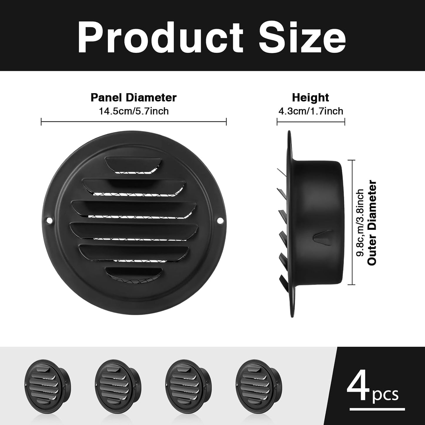 Gisafai 4 Pcs Round Soffit Vent Cover 4 Inch Stainless Steel Louvered Grille Metal Air Vent Covers with Built in Fly Screen Mesh for HVAC Ventilation House Flat Garage Exterior (Black)