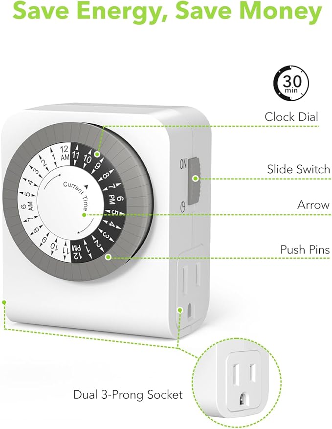BN-LINK Timer Outlet with 2 Grounded Outlets, Mechanical Light Timers - Image 2