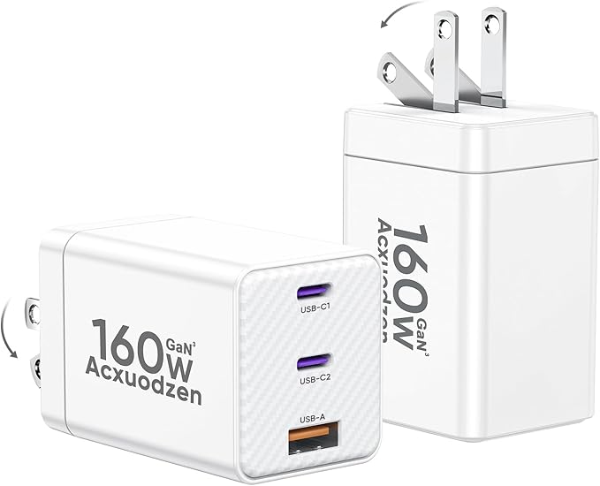 USB C Charger Block 160W, 3-Port GaN Super Fast Charger, Dual 65W Type C by Acxuodzen
