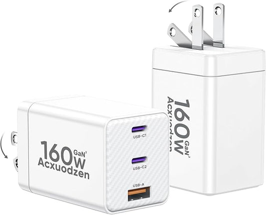 USB C Charger Block 160W, 3-Port GaN Super Fast Charger, Dual 65W Type C by Acxuodzen
