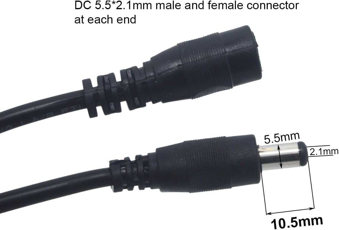 Extension Cable 20 awg 3.3 ft, Designed for Litever LL-008 Series Under Cabinet Lights. 5.5mm x 2.1mm Plugs, Male to Female, for 5~24VDC LED Light Strips, CCTV; for Maximum 3A or Less