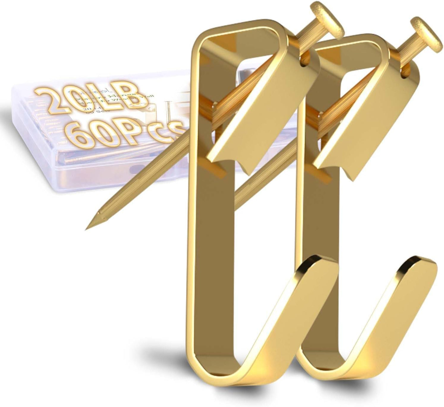 Picture Hangers, Extra Thick, 20 lb, for Decorative Drywall & Plaster Walls - Small Nails for Painting, Frame Hooks to Hang for Hanging, 60 pcs, Gold