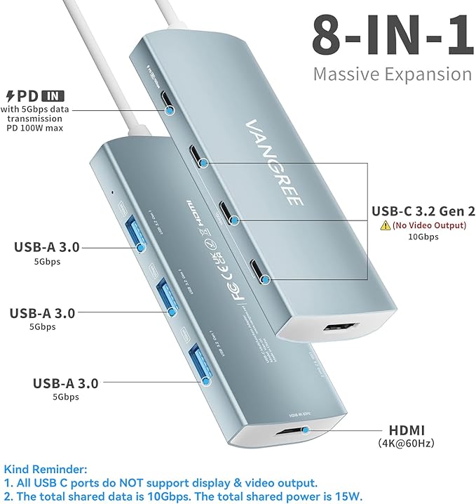 USB C Hub 8 in 1 Multiport Adapter, 3 USB 3.2 Gen 2 Ports - Image 2