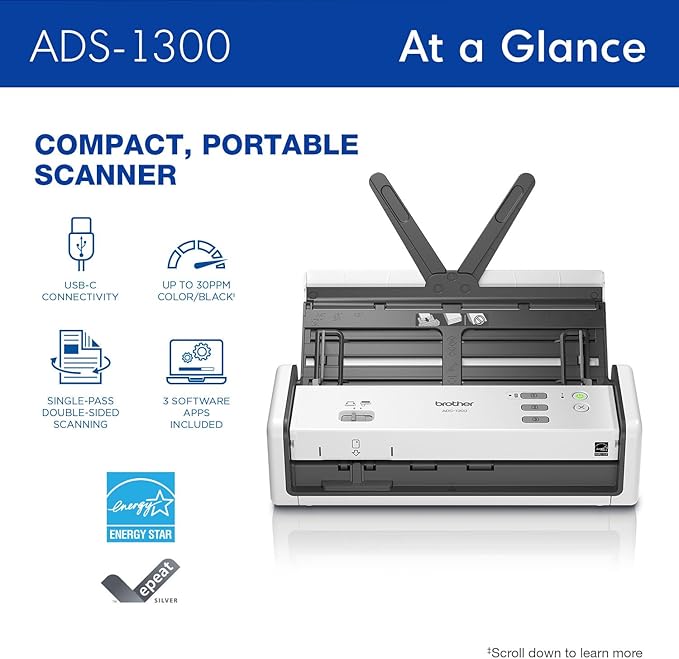 Brother ADS-1300 Compact Desktop Scanner | Scan Speeds of Up to 30ppm | Single - Image 2