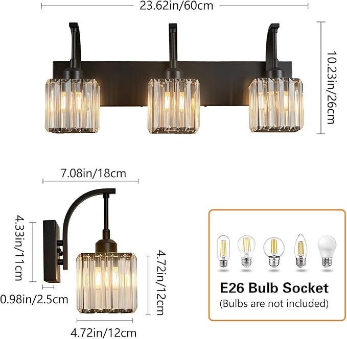 FDPBY Crystal Vanity Lights 3-Light Black Bathroom Vanity Lights Modern Crystal - Image 4