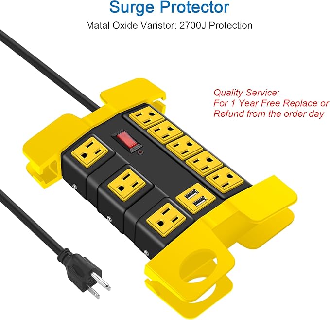 Heavy Duty Power Strip with USB, Workshop 8 Outlet Surge Protector 2700 Joules - Image 4