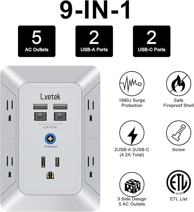 Multi Plug Outlet Surge Protector, Lvetek Outlet Extender - Image 2