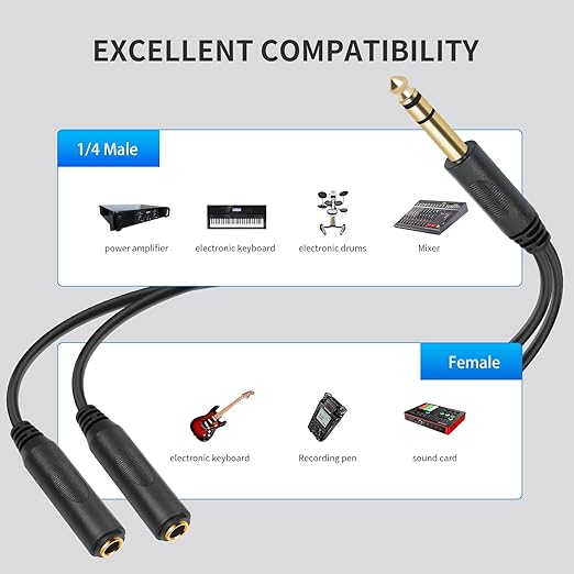 SiYear 6.35mm 1/4 inch Male Plug Stereo to 2 Dual 1/4 "TRS Female Jack - Image 4