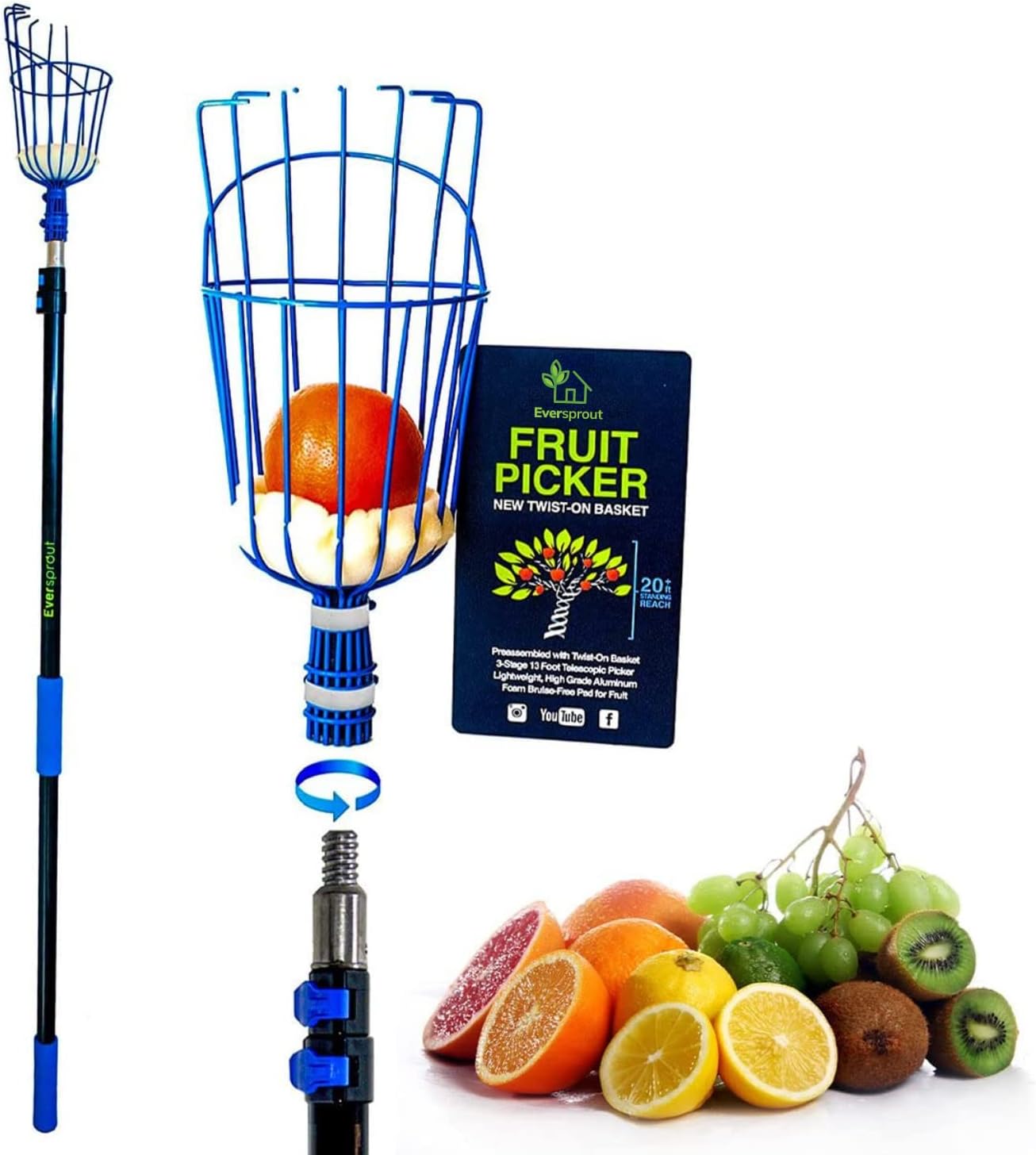 EVERSPROUT 4.5 to 12 Ft Fruit Picker with TwistOn Basket and Extension Pole | Fits 3/4-Inch ACME Poles, Foam-Cushioned Basket, Fits Fruit 1.25 to 5.5 Inches, for Apples, Oranges, Limes, Mangos and More