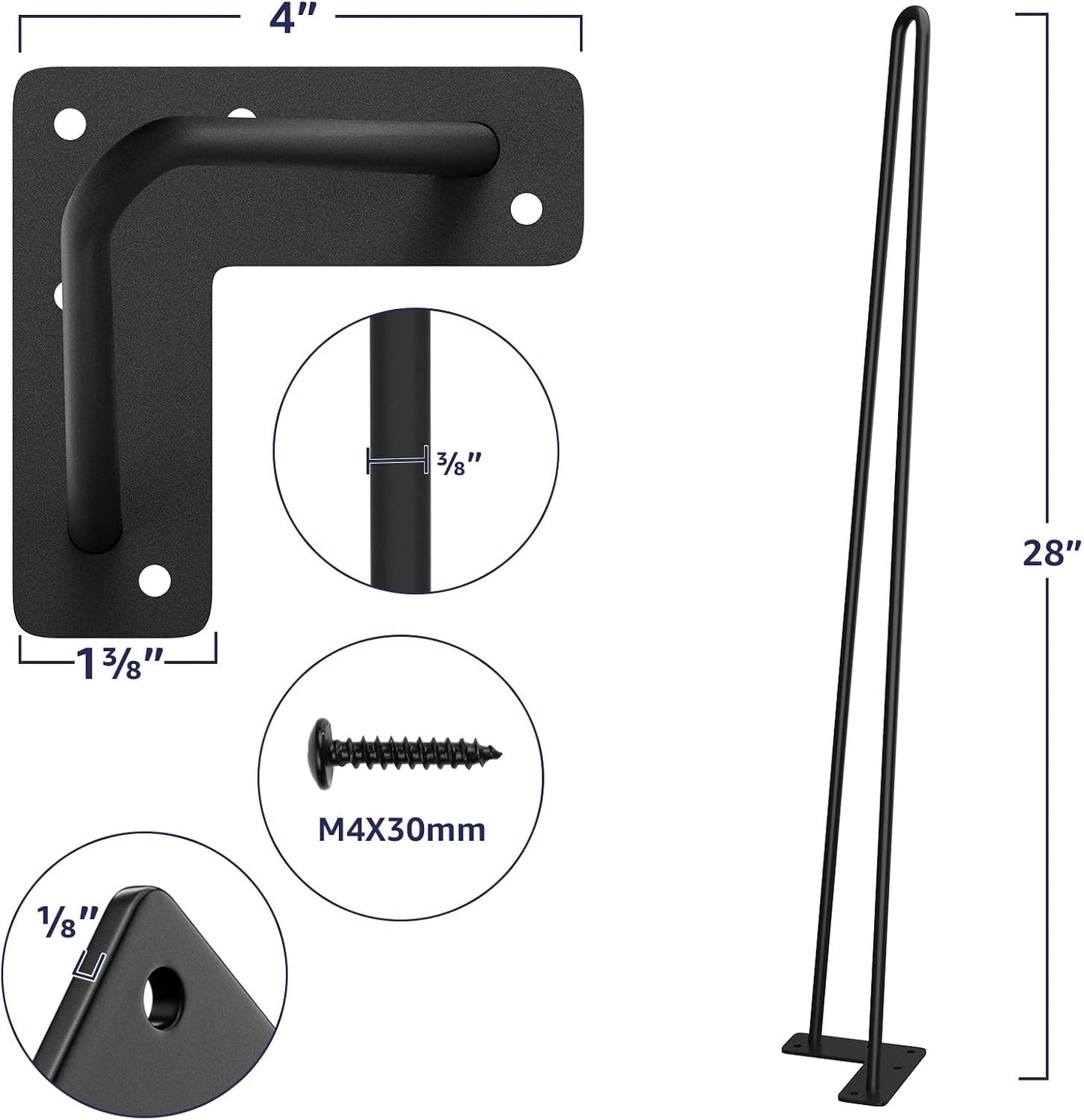 SMARTSTANDARD Hairpin Table Legs 28 Inch, Set of 4, Carbon Steel Black | 3/8" Solid Metal Legs for DIY Bench Desk Chairs Dining End Table - Heavy Duty Furniture Legs with Rubber Floor Protectors