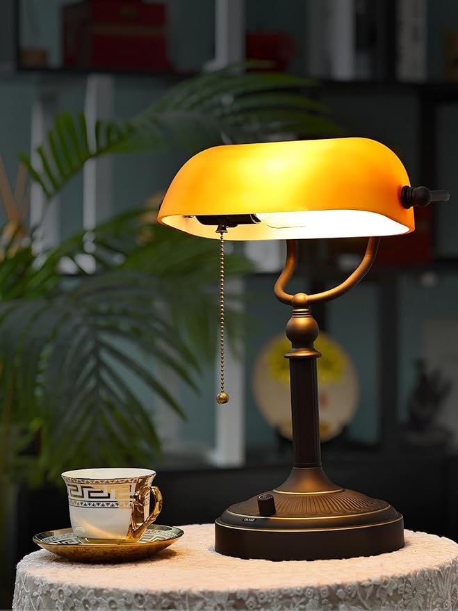 Newrays Matted Amber Glass Bankers Desk Lamp, Stepless Dimmable Table Lamp Plug - Image 3