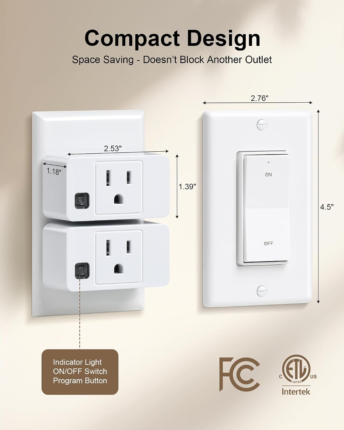 Wireless Remote Control Outlet with Decorator Rocker Wall Switch | 200FT Long Range Remote Light Switch, Mini Plug, 15A/1875W High-Power for Lamps, Lights, Household Appliances, ETL Listed