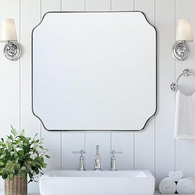 ANDY STAR 30"x30" Chrome Square Mirror, Polished Nickel Scalloped Bathroom - Image 7