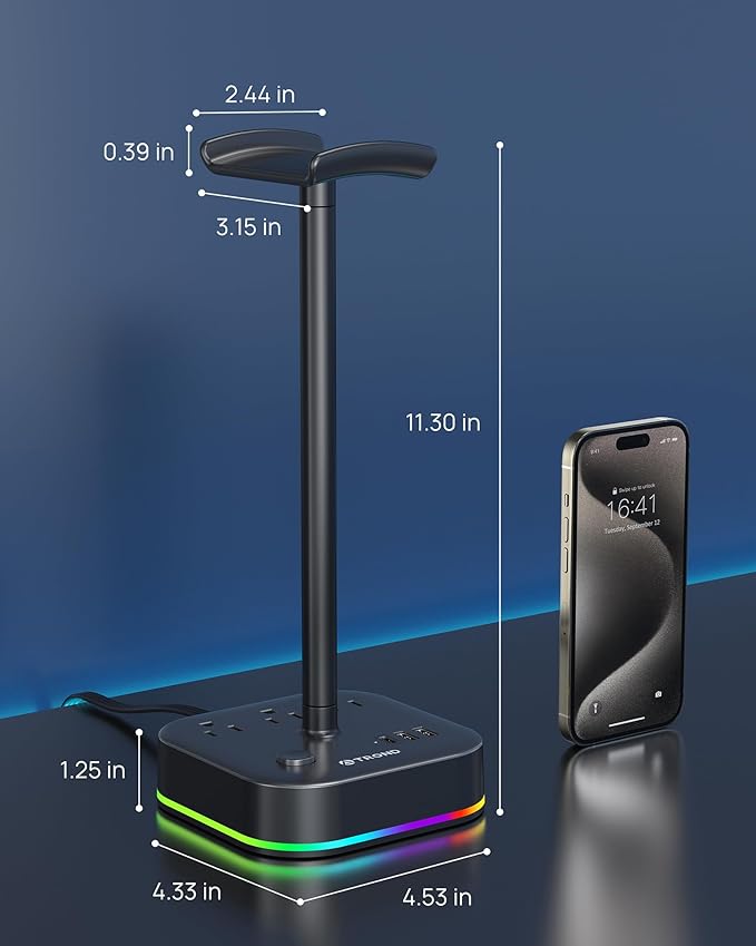 TROND Headphone Stand with USB C, Desk Gaming Headset Holder with 3 AC Outlets - Image 7