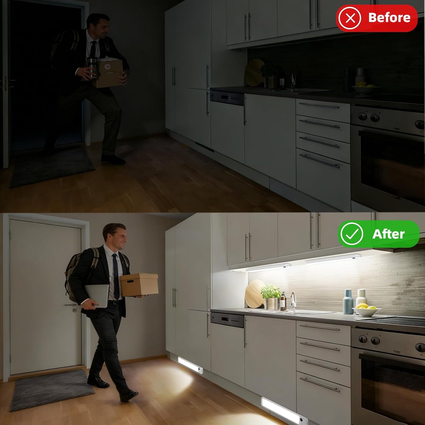 RUIKORING 8.5" Under Cabinet Lighting 6 Pack, 3 Colors, Motion Sensor Light Indoor,48 LED Rechargeable Closet Lights, Dimmable Under Counter Lights, Stick-On Magnetic Cabinet Night Lights for Kitchen