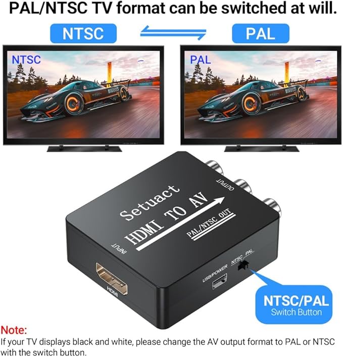 Setuact HDMI to AV Converter, HDMI to RCA Converter, Supports PAL/NTSC - Image 4