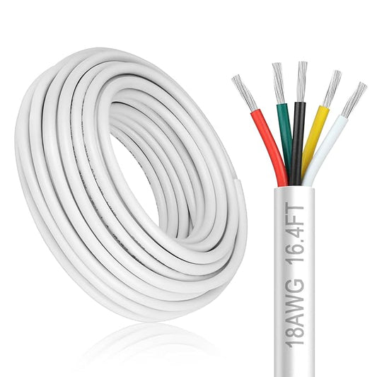 18 Gauge 5 Conductor Electrical Wire, 16.4FT White Stranded Low Voltage 18/5 by DEKIEVALE