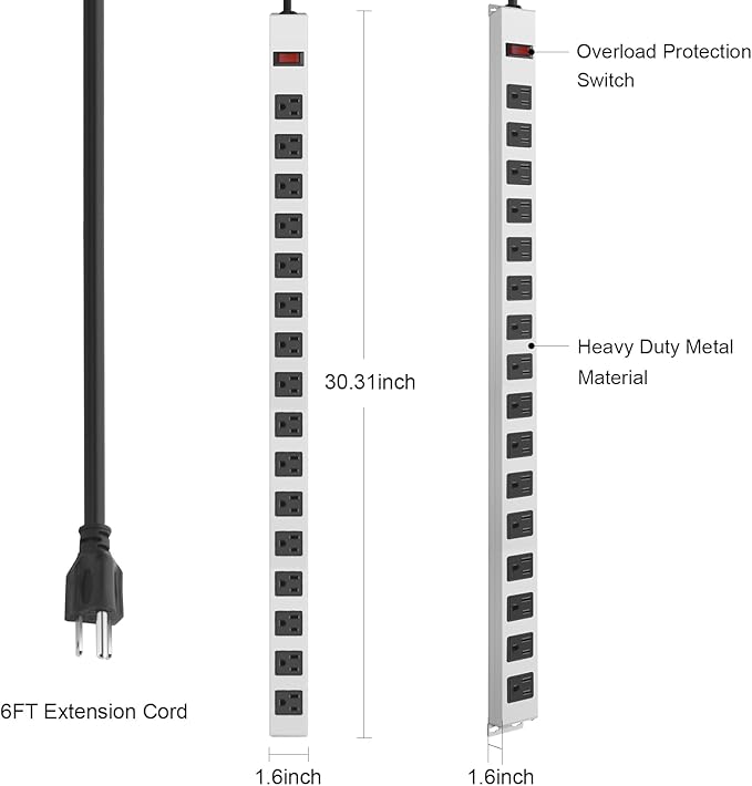 JUNNUJ Metal 16 Outlet Power Strip, Mountable Heavy Duty Power Strip, 1200J - Image 7