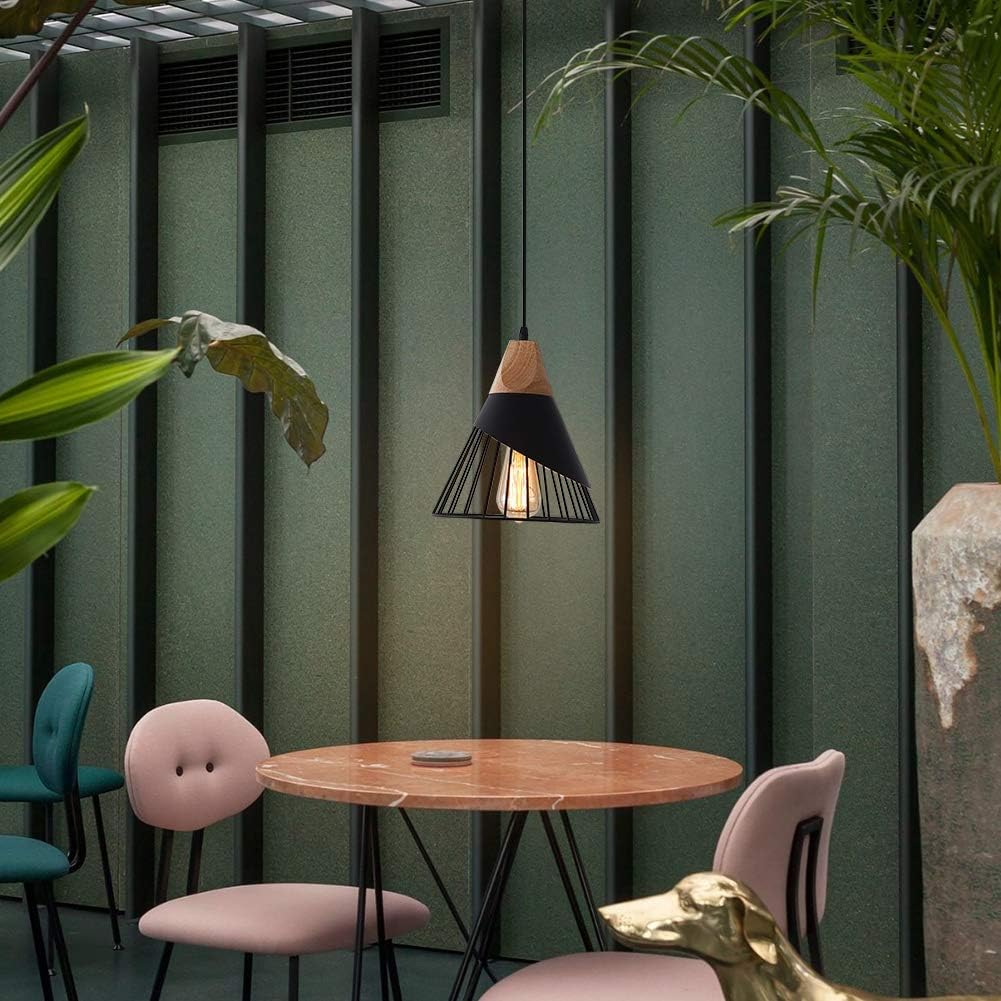2 Pack Modern Farmhouse Pendant Light,Wood Top Black Slanted Metal Wire Cage Hanging Light Fixture,Adjustable E26 Pendant Lighting for Kitchen Island,Dining Table,Entryway Indoor Home Decor