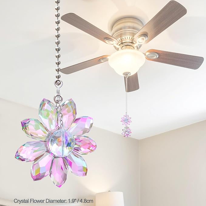 LEFERS Ceiling Fan Pull Chain, 2 Pieces 1.8" Crystal Glass Flower Pendants - Image 3