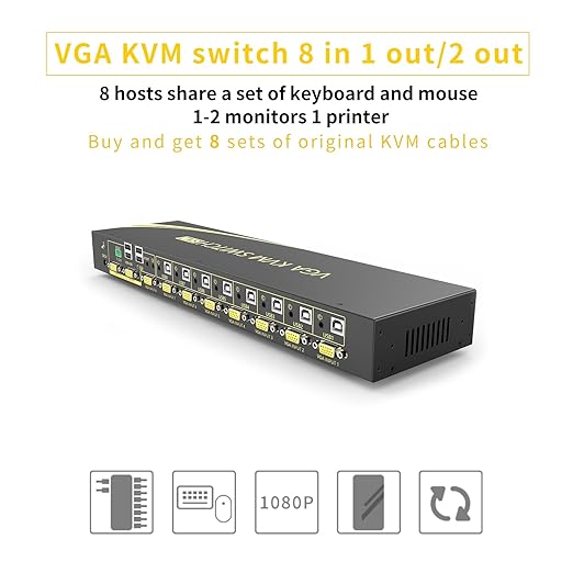 VGA KVM Auto Switch 8 Port in 2 Out Switcher 8x2 Supports Hotkeys, Basic - Image 2