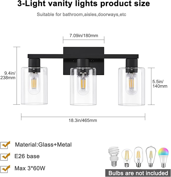 SOPEAS 3-Light Bathroom Vanity Light, Bathroom Wall Sconce Lamp - Image 3