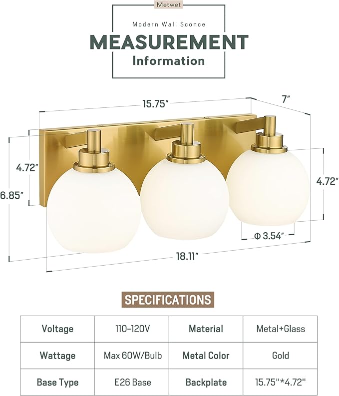 METWET Bathroom Light Fixtures, 3-Light Brushed Gold Vanity Light, Modern Wall - Image 3
