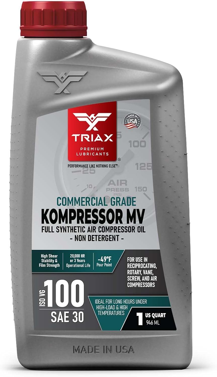 TRIAX Kompressor ISO 100 SAE 30, Full Synthetic, Multi-Vis Air Compressor Oil | for Rotary, Vane, Screw, and Reciprocal | Commercial Grade | High Temp | Non-Detergent (1 Quart)