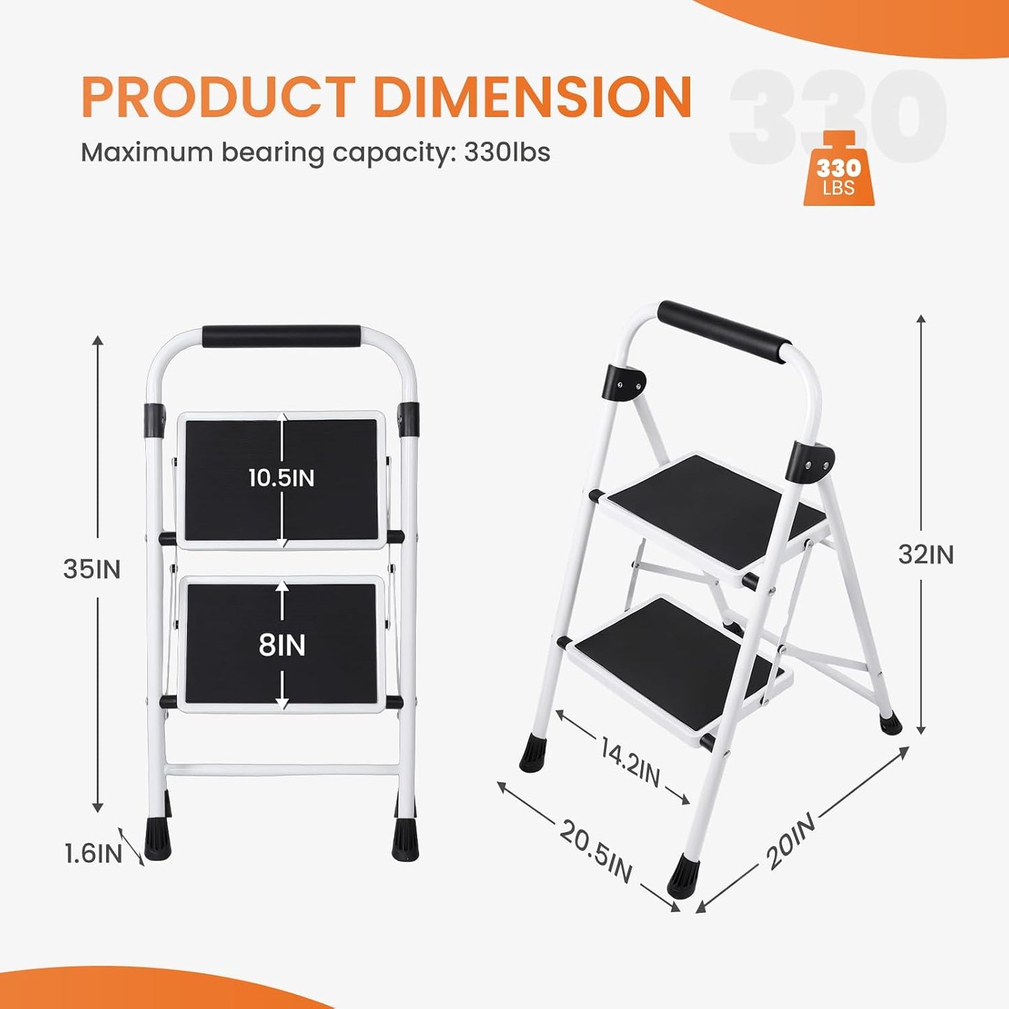 Sweetcrispy 2 Step Ladder, 330lbs Folding Step Stool | Portable Stepping Stool with Wide Anti-Slip Pedal, Sturdy Ladder, Convenient Handrail, Black