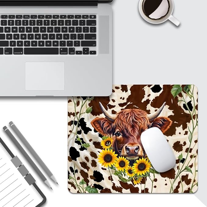 Western Highland Cow Sunflowers and Cowhide Brown Square Mouse pad, Waterproof - Image 5