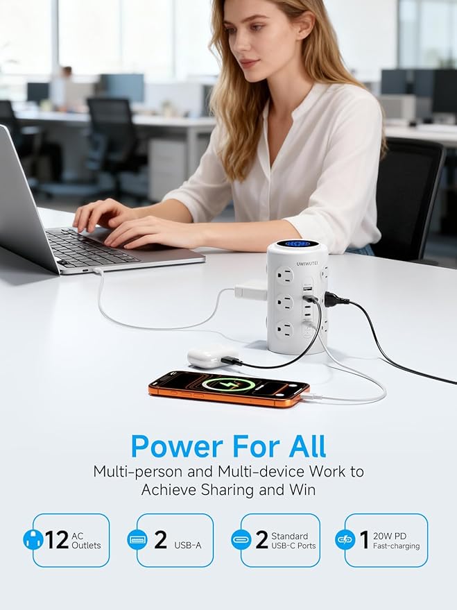 Tower Power Strip with 1 Dedicated PD 20W Fast-Charging Port, 12 Outlets - Image 3