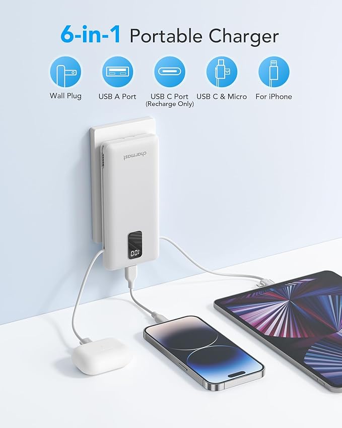 charmast Portable Charger with Built-in Cables and Plug, 10000mAh USB C Power - Image 2