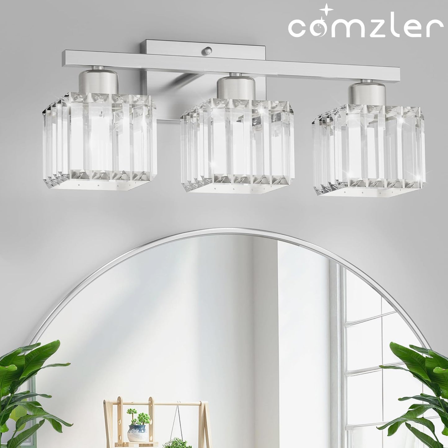 comzler 3-Light Bathroom Light Fixtures Over Mirror, Brushed Nickel Crystal Wall Sconce with E26 Base for Mirror Kitchen Living Room Bathroom, Square Crystal Shades (Bulbs Excluded) | Wall Sconce with E26 Base for Mirror Kitchen Living Room Bathroom