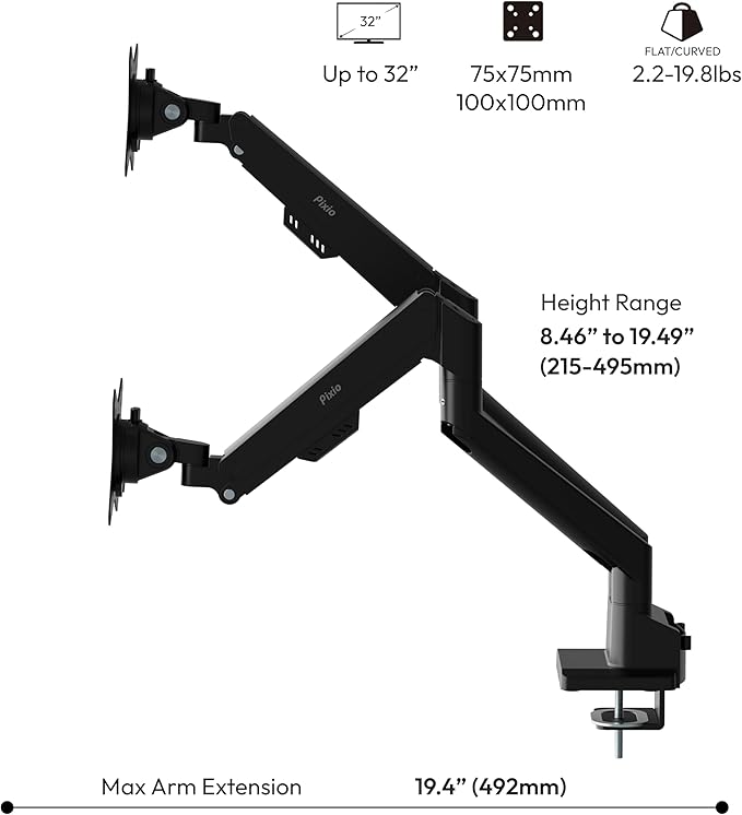 Pixio PS1D Wave Black Dual Monitor Arm Stand Desk Mount - Image 4