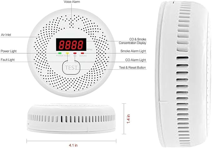 Vzmcov Carbon Monoxide and Smoke Detector LCD Display, Battery Powered - Image 2
