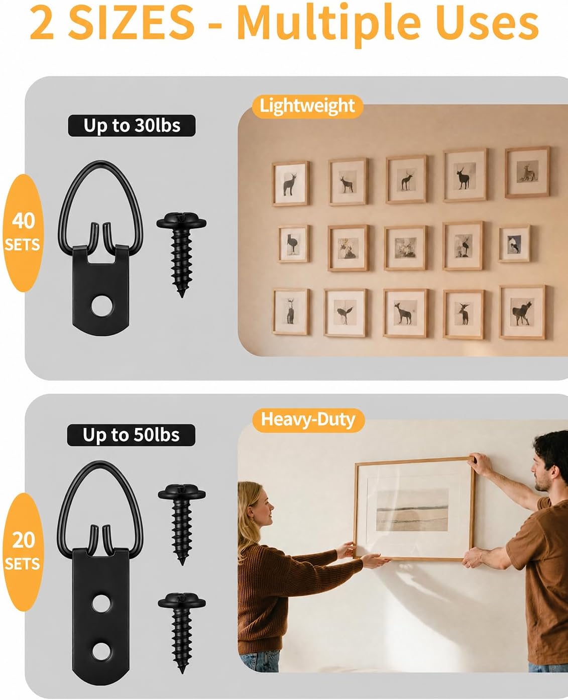 (2 Sizes, 140PCS) D-Ring Picture Hangers with Screws Kit,Heavy Duty | 40 One Hole & 20 Double Hole Hangers with 80 Screws, Wall Hooks for Frames, Mirrors, Canvas & Picture Hanging Hardware Black