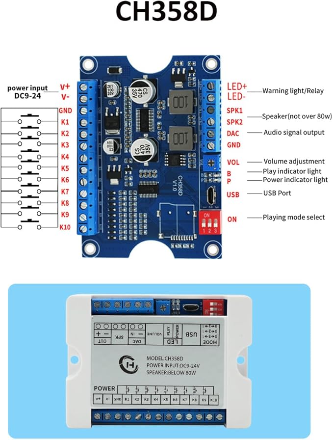 80W Vocie Playback Module, CH358D Low Lever Trigger 8MB DC 9-24V Sound Board - Image 2