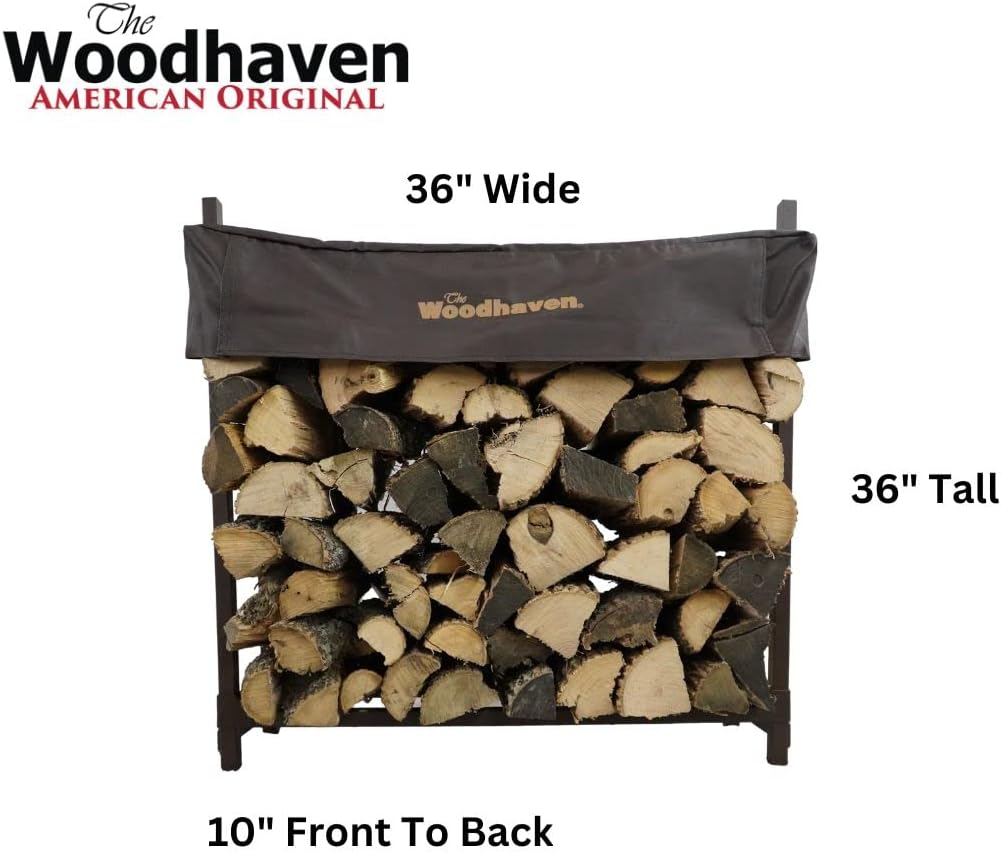 woodhaven 3-foot brown raised firewood rack, 1/8 cord shown in use