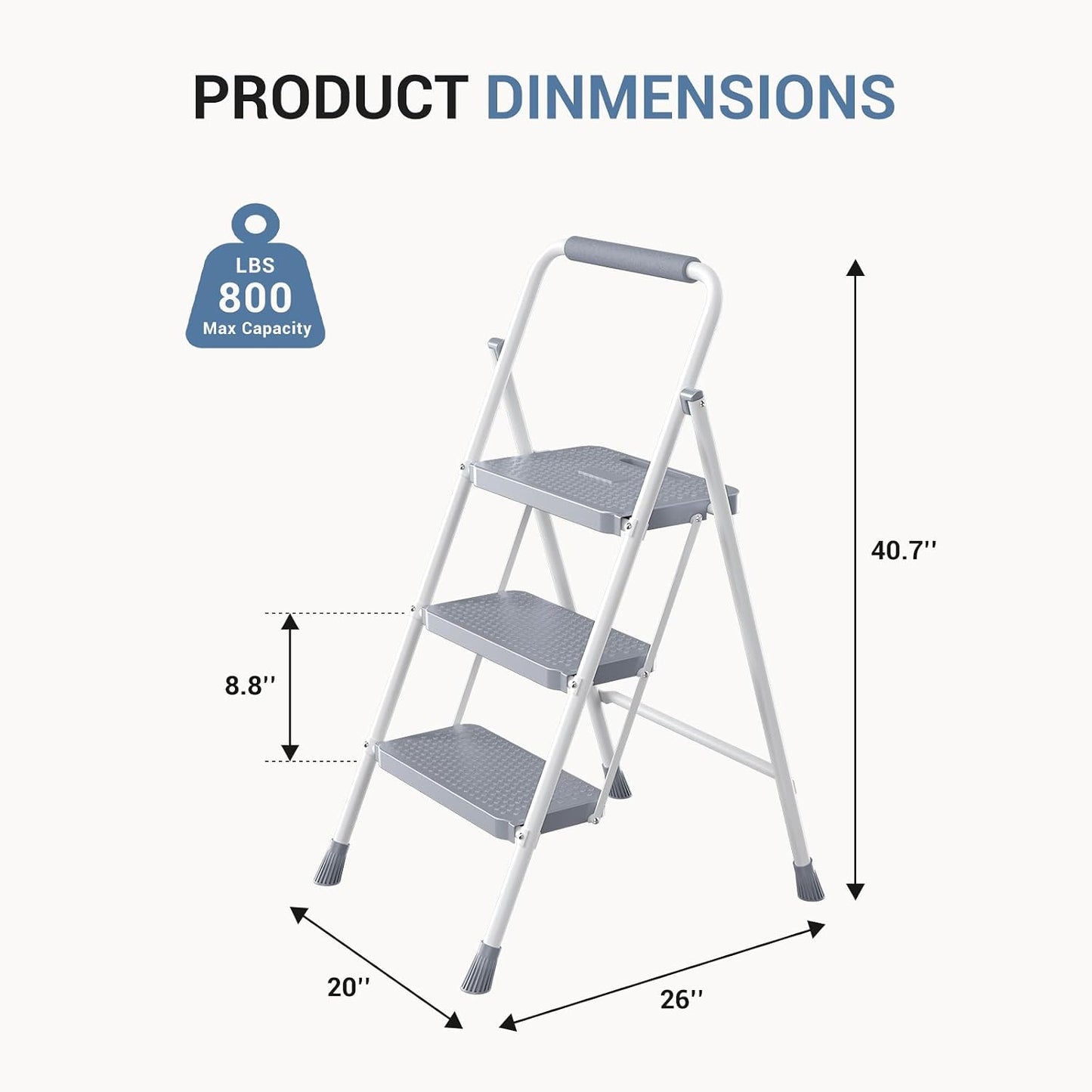 DUMOS Step Ladder, 3 Sturdy Step Stool with Anti-Slip Pedal & Comfortable Handrail, Portable Heavy Duty Step Stool for Kitchen, Garage & Outdoor Use, 800lbs, Grey