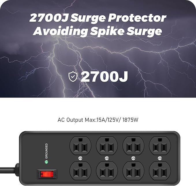 HEZI 8 Outlet Heavy Duty Power Strip, 15Amp Metal Mountable Surge Protector - Image 3