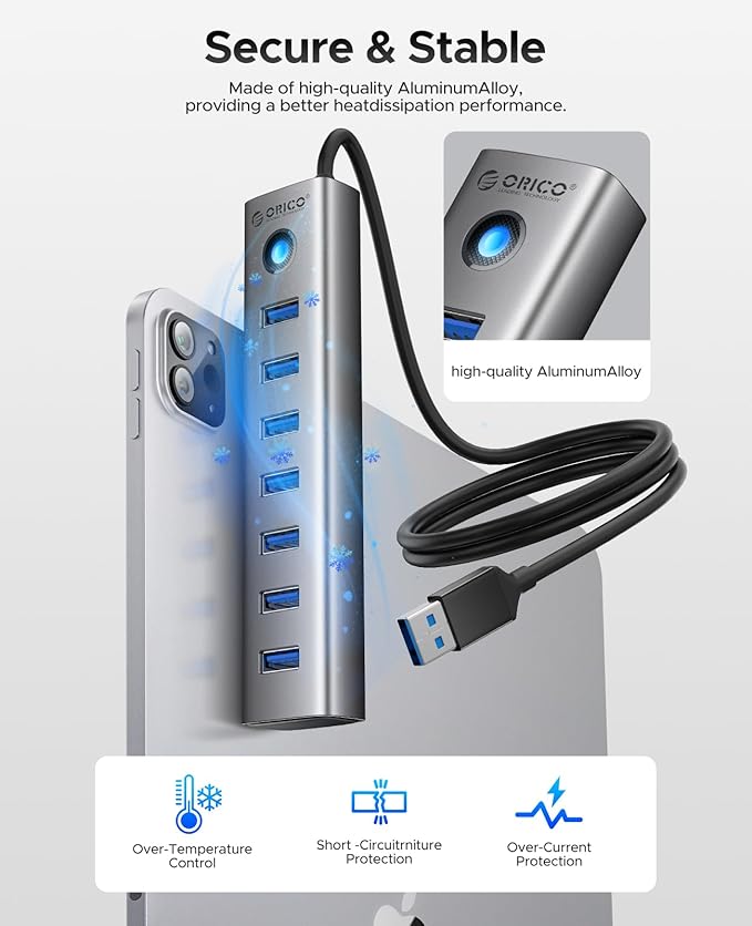 ORICO 7-Port USB 3.0 Hub, Aluminum USB Multiple Adapter, 5Gbps USB Extender USB - Image 6
