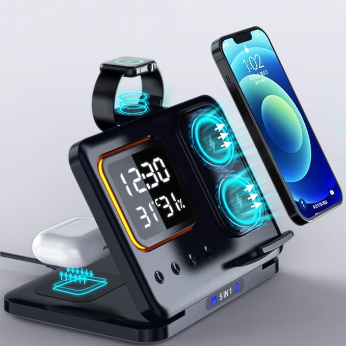 IHAO 5in1 Multi Functional Wireless Charging Station Digital Clock 15W Fast by IHAO