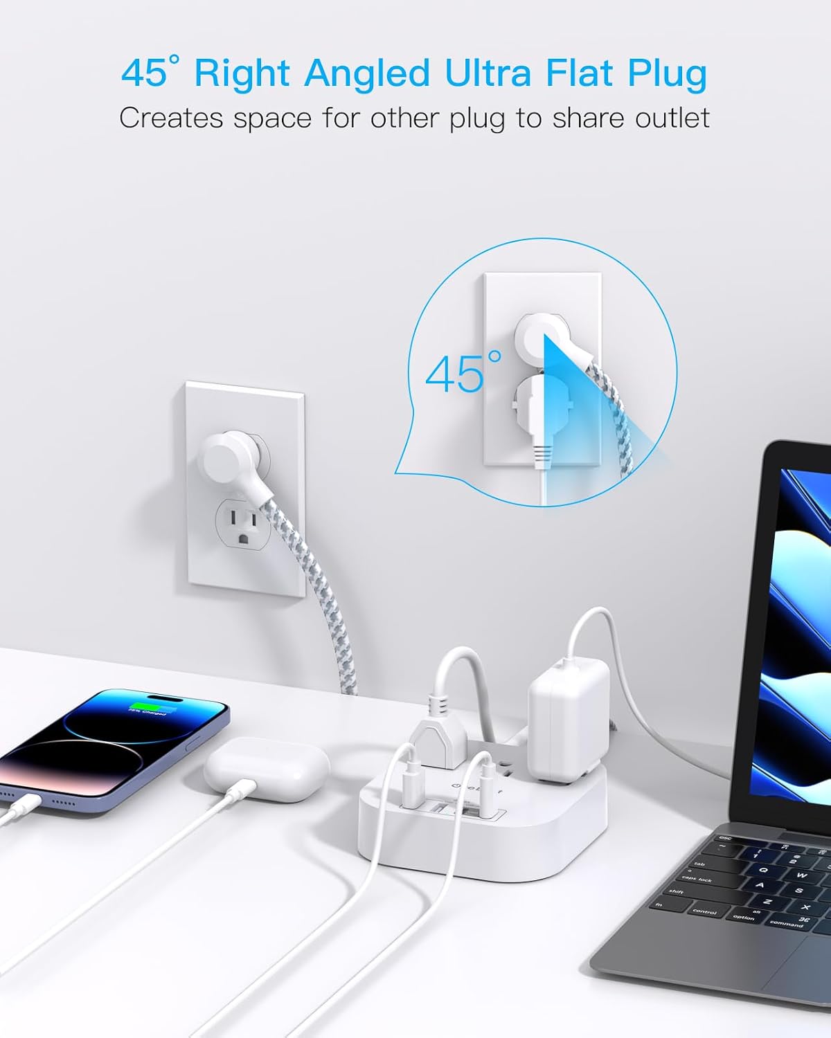 One Beat Power Strip with USB C, 3 Outlets 4 USB Ports (22.5W/4.5A), 6ft | Desktop Charging Station, Flat Plug, Braided Extension Cord, Non Surge Protector for Travel, Cruise Ship, ETL Listed